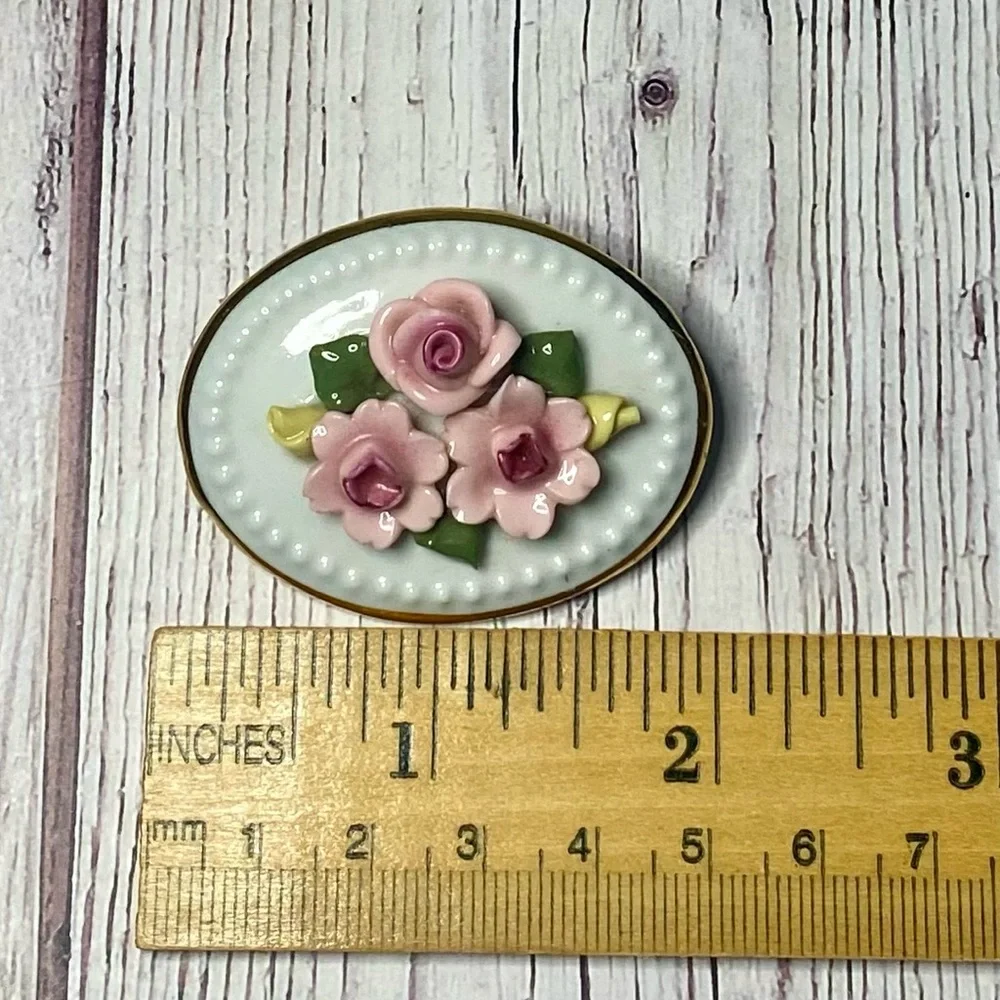 Vintage Floral Porcelain Brooch with Pink Roses